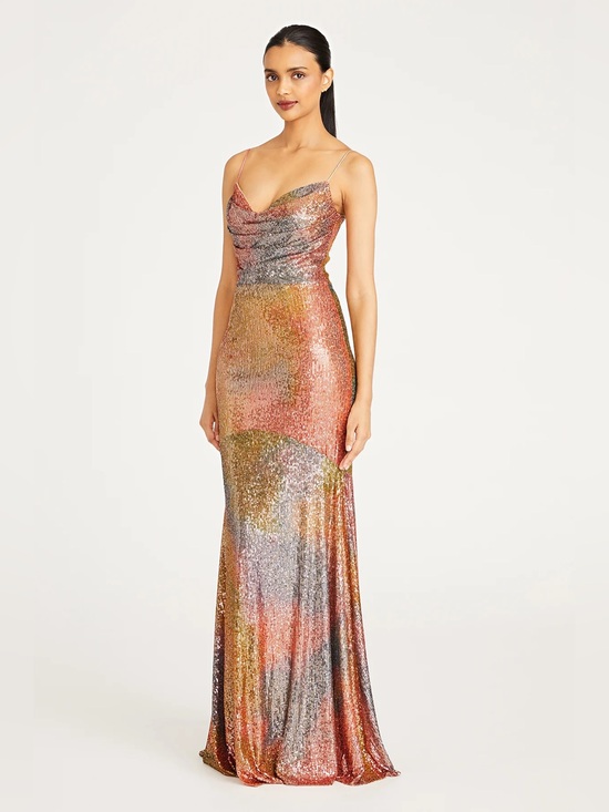 Theia Dresses & Skirts - Theia Brynn Daydream Pastel Rainbow Sequin Cowl Neck Maxi Dress